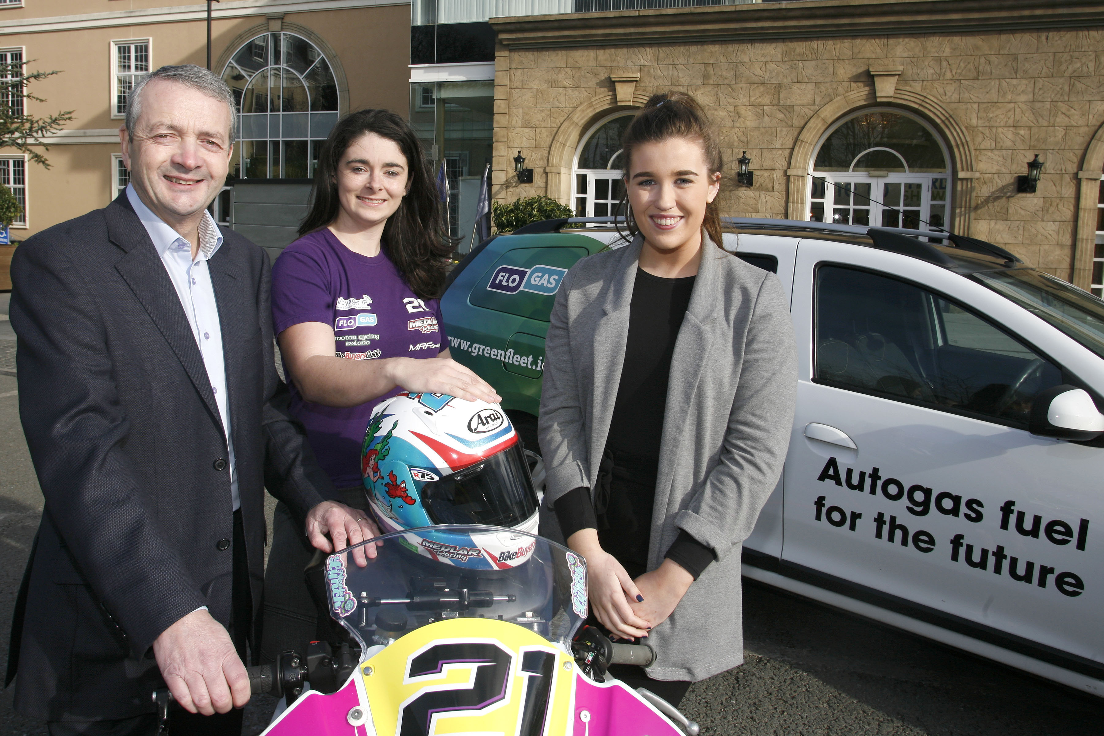Eoin O’Flynn, marketing manager, Flogas Ireland and Aine Crowley, graduate marketing executive, Flogas Ireland with motorbike racer Nicole Lynch